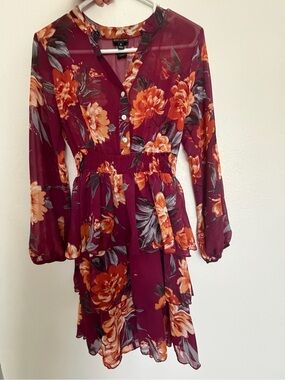 Floral V-Neck Smocked Waist Burgundy Dress